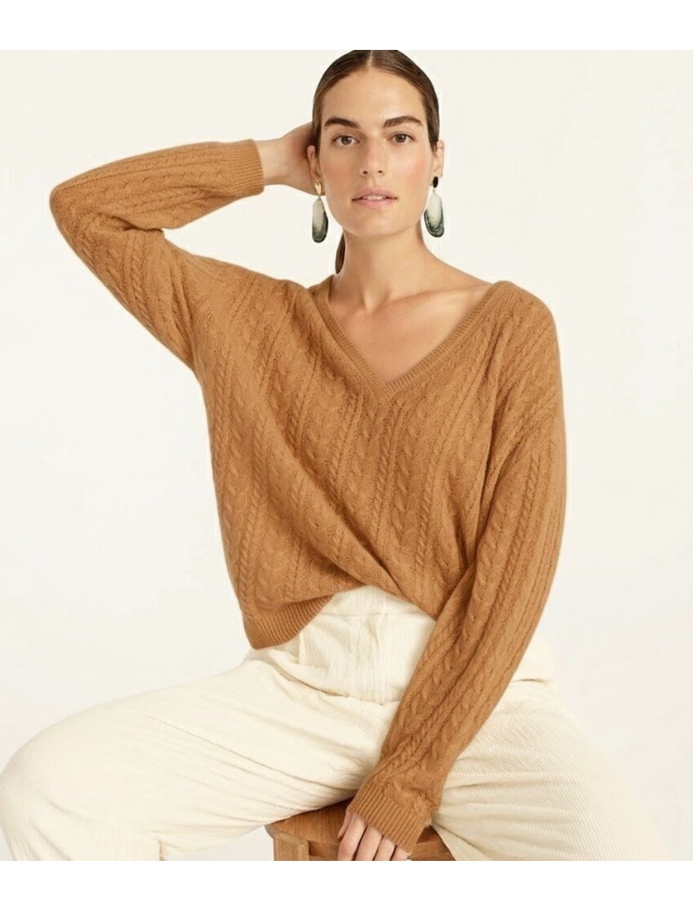 J. Crew Cashmere Cable-knit Relaxed V-neck Sweater in Heather Acorn